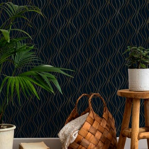 Art Deco zum Schälen und Aufkleben - Wellentapete in Blau & Gold, Elegante Abnehmbare Wandverkleidung für Moderne Wohn- und Bürodekoration