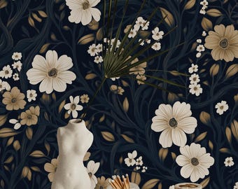 Dark Floral Art Deco Wallpaper: Navy Blue & Gold Peel and Stick Wall Mural