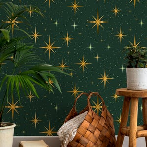 Carta da parati con stelle celestiali verde smeraldo - Carta da parati con cielo notturno vintage dorato e adesivo - Decorazione murale con astrologia cosmica - Boho Glam Home Design