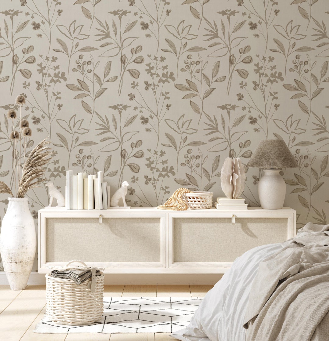 Neutral Beige Botanical Peel and Stick Wallpaper – Hand-drawn Floral ...