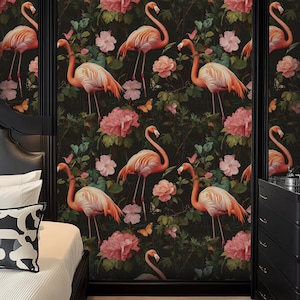 Carta da parati Safari Adventure Flamingo / Decorazione tropicale selvaggia per camera da letto / Rimovibile, ideale per gli inquilini