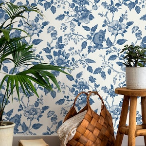 Blue Vintage Floral Wallpaper - French Country Peel and Stick Wall Mural for Elegant Interiors