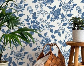 Blue Vintage Floral Wallpaper - French Country Peel and Stick Wall Mural for Elegant Interiors