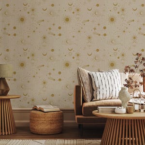 Carta da parati Celestial Gold Starburst - Modern Astrology Cosmic Wall Art, decorazione murale staccabile e adesiva, decorazione astronomica per la casa, moderna copertura murale