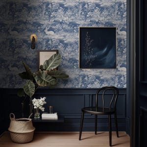 Blue Rabbit Toile Wallpaper | Whimsical Powder Room Mural | Peel and Stick or Prepasted Wall Art