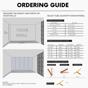 May include: An ordering guide for wallpaper, with diagrams and charts. The guide includes instructions on measuring walls, determining roll height, and calculating the number of rolls needed. It also shows different wallpaper types.