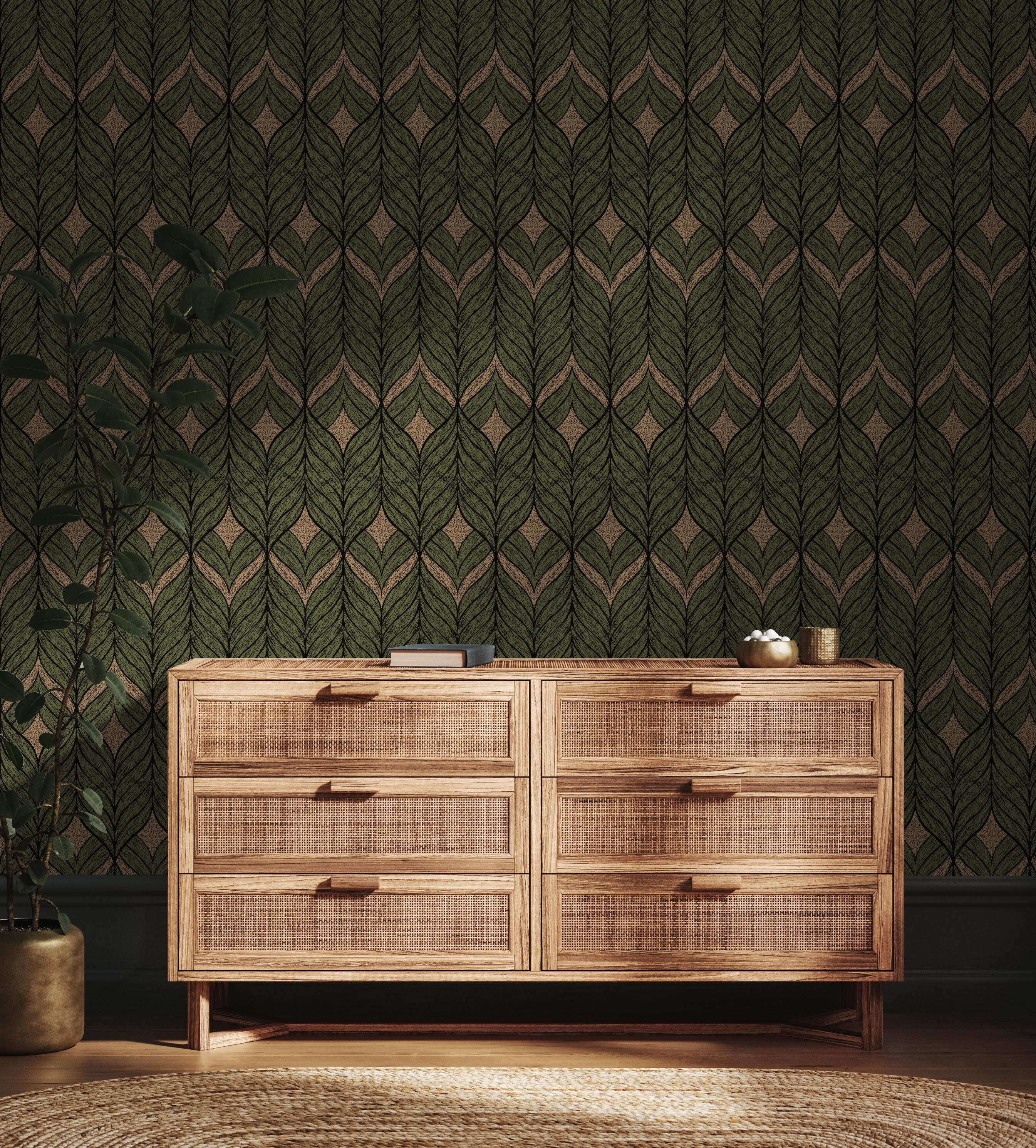 Vintage Leaf Wallpaper: Forest Green Art Deco, Removable Wall Art