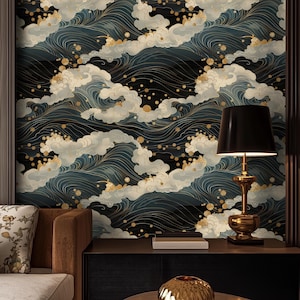 Carta da parati giapponese Wave - murale vintage con nuvole blu e oro - elegante arte murale Art Déco - arredamento di lusso di ispirazione asiatica