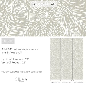 May include: A close-up of a wallpaper pattern with a white leaf design on a light gray background. The pattern repeats every 24 inches. The text "FLR D121" and "PATTERN DETAIL" is visible at the top of the image.