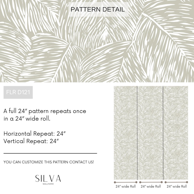 May include: A close-up of a wallpaper pattern with a white leaf design on a light gray background. The pattern repeats every 24 inches. The text "FLR D121" and "PATTERN DETAIL" is visible at the top of the image.