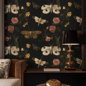 Carta da parati Dark Moth - Carta da parati murale vintage con insetti - Decorazione botanica gotica - Arte floreale massimalista - Dark Academia Home Aesthetic