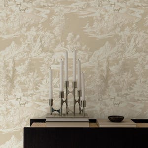 Papel de Parede Bege Toile de Jouy | Cena Pastoral Francesa com Animais | Sala de Jantar em Casa de Fazenda