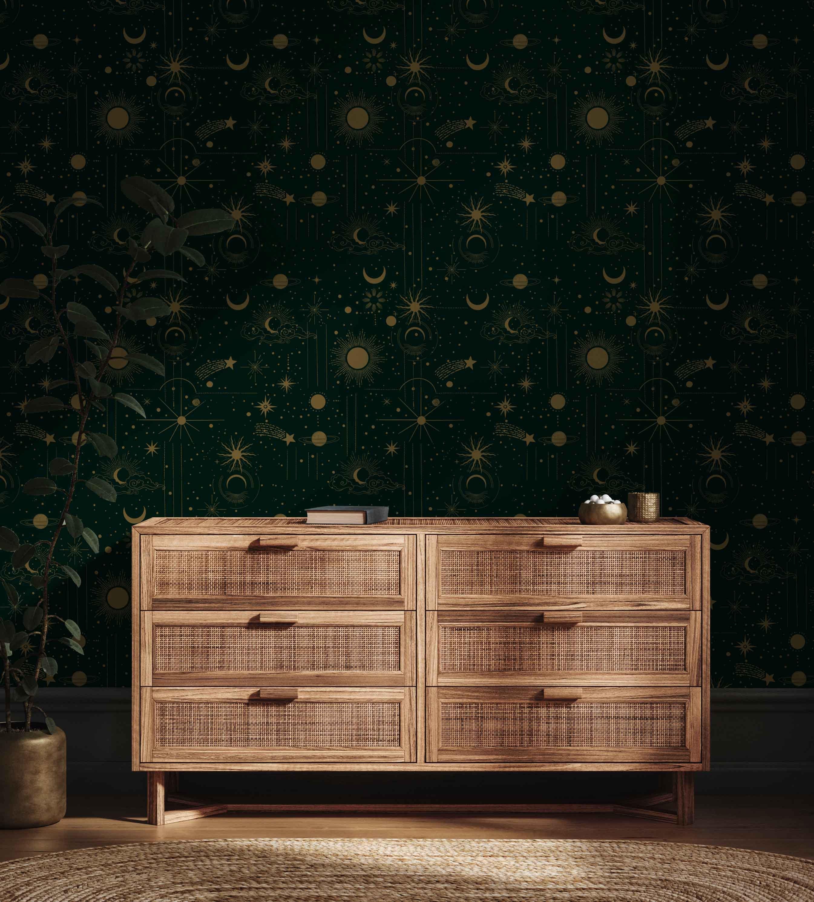 Celestial Starry Night Wallpaper: Dark Gold Space Design, Removable ...
