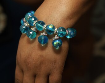 Czech Crystal Multi-Dangle Turquoise Stretch Bracelet for Women Gemstone Handmade Jewelry