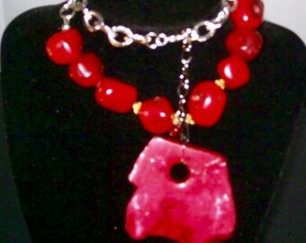 Red Coral Pendant Necklace: Natural Gemstone Sterling Silver Plated Chain