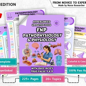 May include: A stack of medical study guides titled "FNP Pathophysiology & Physiology" with the text "Hyperlinked Updated 2026." The guides feature anatomical illustrations, diagrams, and the text "From Novice to Expert."