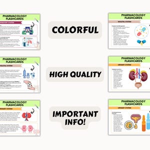 May include: Colorful flashcards with illustrations of the respiratory, skeletal, and urinary systems. The flashcards have the title "Pharmacology Flashcards" and the name of the system being illustrated.