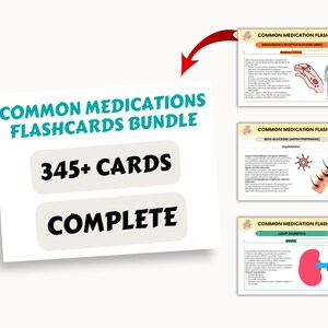 May include: A set of 345+ flashcards for common medications. The flashcards are organized into a bundle and feature illustrations of the body parts affected by the medications. The text on the flashcards includes the drug class and the drug name.