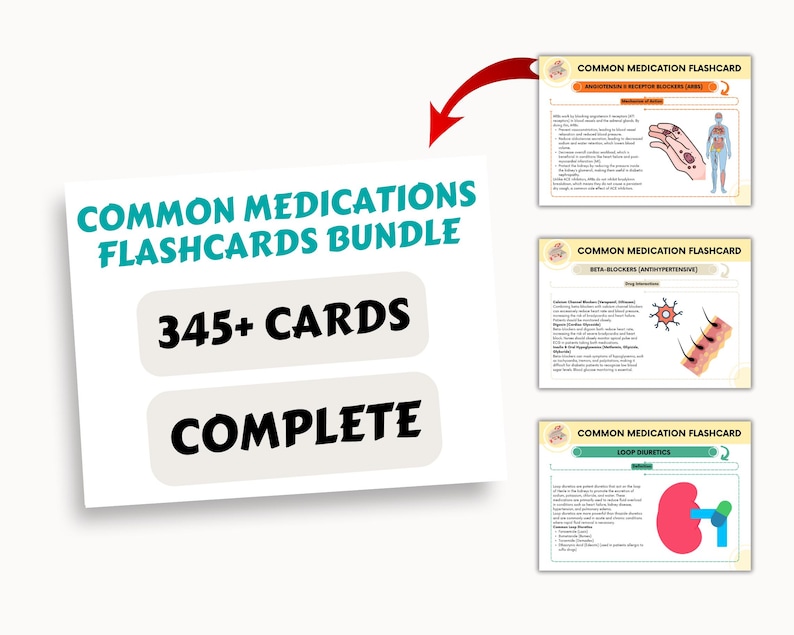 May include: A set of 345+ flashcards for common medications. The flashcards are organized into a bundle and feature illustrations of the body parts affected by the medications. The text on the flashcards includes the drug class and the drug name.