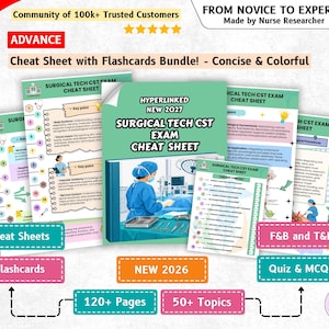 May include: A bundle of Surgical Tech CST exam cheat sheets and flashcards featuring colorful diagrams, medical illustrations, and text including Surgical Tech CST Exam Cheat Sheet, 120+ Pages, 50+ Topics, and New 2027. The materials are presented in a clear, organized format.