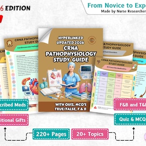 Może przedstawiać: Zestaw przewodników do nauki CRNA Pathophysiology, zaktualizowanych na rok 2026. Przewodniki obejmują tematy takie jak patologia sercowo-naczyniowa i zaburzenia płynów. Obraz zawiera również tekst "From Novice to Expert" i "220+ Pages".