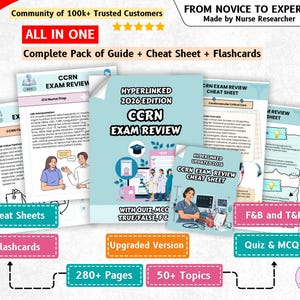 Puede incluir: Un paquete completo de guía de estudio, hojas de trucos y tarjetas didácticas para el examen CCRN edición 2026. Los materiales tienen portadas azul claro con ilustraciones médicas y texto que incluye 'Hyperlinked 2026 Edition' y 'CCRN Exam Review'.