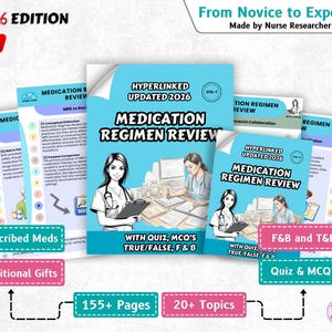 May include: A stack of medical review books titled "Medication Regimen Review" with the text "2026 Edition" and "From Novice to Expert." The books feature illustrations of a nurse and include quizzes and multiple-choice questions.