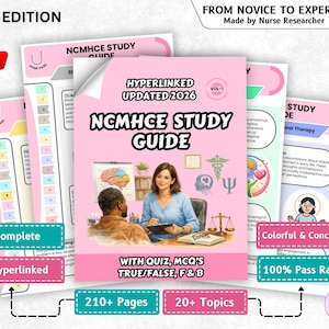 Op de afbeelding: Een roze NCMHCE Study Guide, editie 2026, met de tekst "Hyperlinked Updated 2026". De gids bevat meer dan 210 pagina's en meer dan 20 onderwerpen. Extra tekst omvat "Complete", "Colorful & Concise" en "100% Pass Rate".