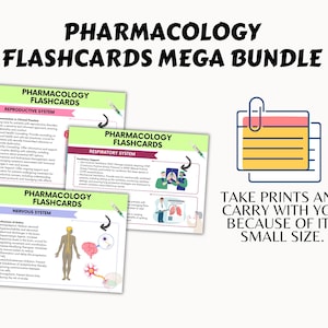 May include: A set of three colorful flashcards with the title "Pharmacology Flashcards" and the words "Reproductive System", "Respiratory System", and "Nervous System". The flashcards feature illustrations of the human body and medical symbols. The text "Take prints and carry with you because of its small size." is also included.