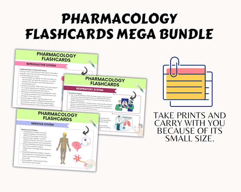 May include: A set of three colorful flashcards with the title "Pharmacology Flashcards" and the words "Reproductive System", "Respiratory System", and "Nervous System". The flashcards feature illustrations of the human body and medical symbols. The text "Take prints and carry with you because of its small size." is also included.