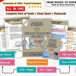 May include: A comprehensive educational bundle titled Guide to Urologic Surgery, featuring a 2026 updated guide, cheat sheets, and flashcards. The materials include medical illustrations, diagrams of the human urinary system, and surgical content.