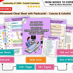 May include: A collection of educational vascular ultrasound review cheat sheets and flashcards featuring purple and white pages with medical diagrams, text, and illustrations of ultrasound procedures, labelled as updated for 2026 with 120+ pages.