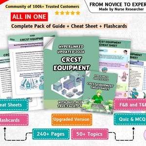 Puede incluir: Un conjunto completo de guías de estudio para equipos CRCST, que incluye un manual actualizado para 2026, hojas de referencia y tarjetas didácticas. Los materiales contienen texto, diagramas e ilustraciones de instrumentos quirúrgicos.