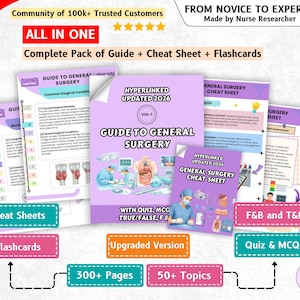 May include: A comprehensive educational study set titled Guide to General Surgery, featuring a collection of hyperlinked digital documents, cheat sheets, and flashcards. The materials include medical illustrations, surgical diagrams, and text.