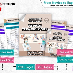May include: A set of medical terminology books, including "Medical Terminologies" and related guides. The books feature illustrations of medical professionals and include the text "2026 Edition" and "From Novice to Expert". Additional topics include quizzes and prescribed meds.
