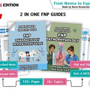 May include: Two FNP study guides, "Pharmacology Review Study Guide" and "Pathophysiology," are displayed. The guides are labeled "2026 Edition" and include the text "From Novice to Expert." Additional elements include "Prescribed Meds," "Additional Gifts," and "Quiz & MCQ's."