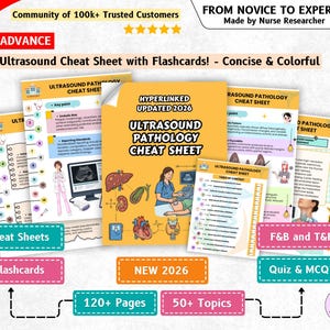 May include: A collection of Ultrasound Pathology Cheat Sheets and flashcards featuring yellow and white pages with medical illustrations, diagrams, and text including 'Ultrasound Pathology Cheat Sheet', 'Hyperlinked Updated 2026', and 'From Novice to Expert'.