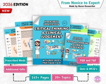 May include: A collection of educational materials titled "Critical Thinking & Clinical Judgement" with a nurse illustration. The materials include quizzes, MCQs, and true/false questions. The 2026 edition covers 20+ topics across 145+ pages. The materials are designed to help users go "From Novice to Expert".