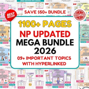 Op de afbeelding: Een verzameling educatieve gidsen en studiemateriaal voor verpleegkundig specialisten. De afbeelding toont meerdere boeken en studiegidsen met titels als "NP Pharmacology" en "NP Assessment & Diagnostics". De tekst luidt "NP Updated Mega Bundle 2026" en "Bespaar €50+."