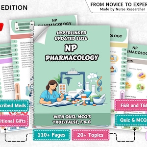 May include: A spiral-bound book titled "NP Pharmacology" with the text "2026 Edition" and "Hyperlinked Updated 2026." The cover features an illustration of a nurse and laboratory equipment. Additional materials include "Prescribed Meds" and "Additional Gifts."