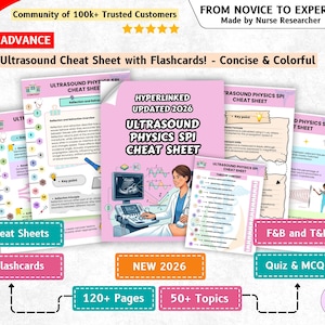 May include: A collection of Ultrasound Physics SPI cheat sheets and flashcards featuring pink and white pages with educational text, diagrams, and illustrations of medical equipment. The documents include tables of contents, key points, and study topics.