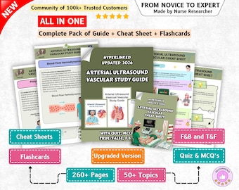 May include: An educational bundle featuring an Arterial Ultrasound Vascular Study Guide, cheat sheets, and flashcards. The materials include text, diagrams, and illustrations related to vascular ultrasound, hemodynamics, and clinical procedures.