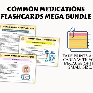 May include: A set of three printable flashcards with colorful illustrations and text about common medications. The flashcards are titled "Tricyclic Antidepressants (TCAs)", "Sedatives & Hypnotics", and "H2 Blockers". The text on the flashcards includes definitions, common uses, and side effects of the medications. The image also includes a small illustration of a pill bottle and a person meditating.