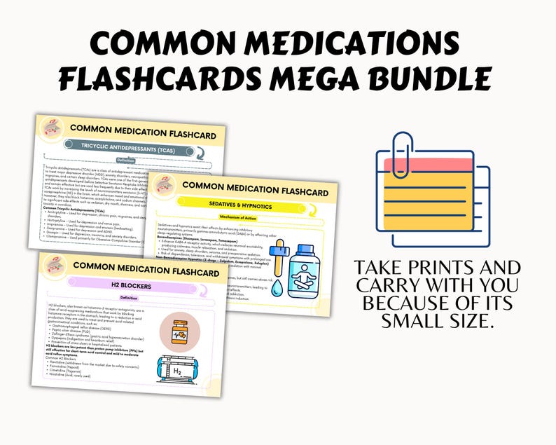May include: A set of three printable flashcards with colorful illustrations and text about common medications. The flashcards are titled "Tricyclic Antidepressants (TCAs)", "Sedatives & Hypnotics", and "H2 Blockers". The text on the flashcards includes definitions, common uses, and side effects of the medications. The image also includes a small illustration of a pill bottle and a person meditating.