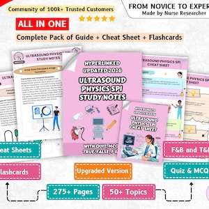 May include: A comprehensive educational study pack for ultrasound physics SPI, featuring pink-themed study notes, cheat sheets, and flashcards. The materials include text, diagrams, and illustrations of medical equipment, totaling over 275 pages and 50 topics.