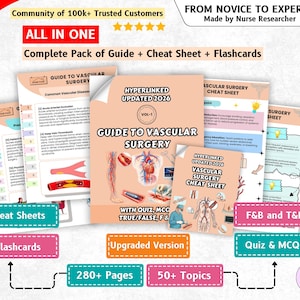 May include: A comprehensive educational bundle featuring a Guide to Vascular Surgery and a Vascular Surgery Cheat Sheet. The materials include medical illustrations of the human circulatory system, text-based clinical information, and quiz content.