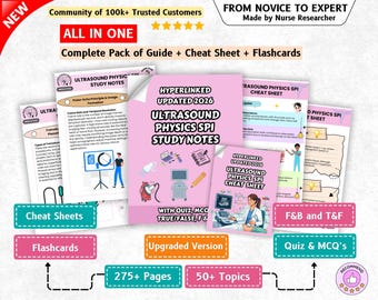 Pode incluir: Um pacote de estudo educativo completo para física de ultrassom SPI, com notas de estudo, folhas de consulta e flashcards em tons de rosa. Os materiais incluem texto, diagramas e ilustrações de equipamentos médicos, com mais de 275 páginas.