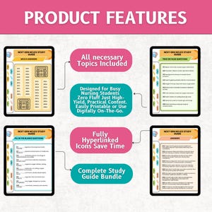 May include: Image showcasing product features of a Next Gen NCLEX Study Guide. The guide includes all necessary topics, is designed for busy nursing students, and offers high-yield content. Features include fill-in-the-blank questions, true or false questions, and answers. The guide is easily printable or usable digitally.
