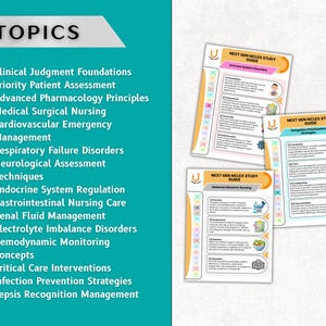 May include: Three study guides with the text "NEXT GEN NCLEX STUDY GUIDE" are displayed. The guides cover topics such as Immune System Disorders, Delegation Prioritization Strategies, and Maternal Obstetric Nursing. A list of topics is on the left, including Clinical Judgment Foundations and Infection Prevention Strategies.