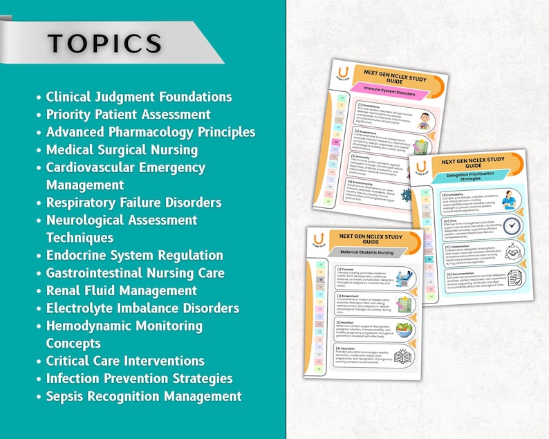 May include: Three study guides with the text "NEXT GEN NCLEX STUDY GUIDE" are displayed. The guides cover topics such as Immune System Disorders, Delegation Prioritization Strategies, and Maternal Obstetric Nursing. A list of topics is on the left, including Clinical Judgment Foundations and Infection Prevention Strategies.